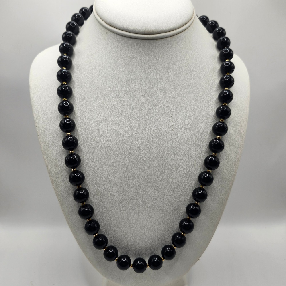 Vintage Black Acrylic Bead Necklace with Gold Tone Spacers and Spring Ring Clasp